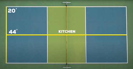 Pickleball court layout with dimensions 44' x 20', featuring the non-volley zone labeled "KITCHEN," highlighting the sport's structure and rules.