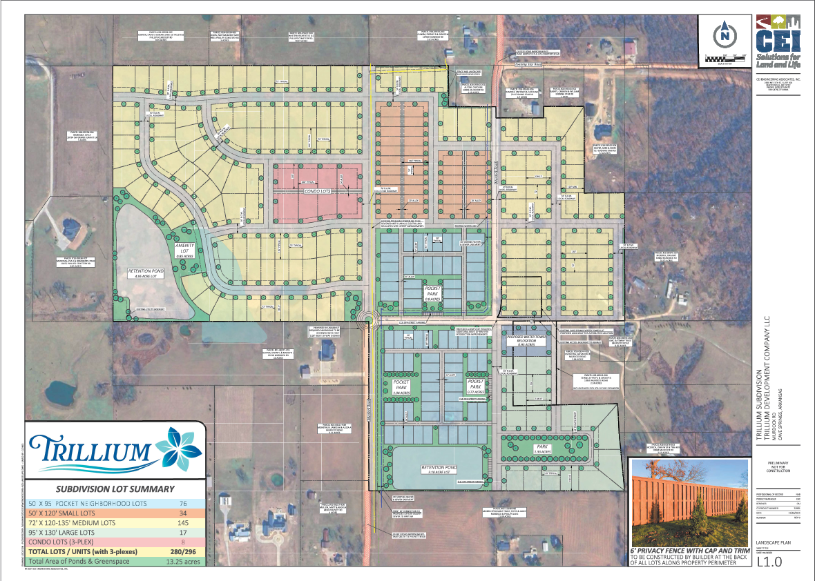 Trillium Master Plan-web Trillium master plan map showcasing residential lots, green spaces, and community amenities in Cave Springs, Arkansas, emphasizing a thoughtfully designed neighborhood for modern living.