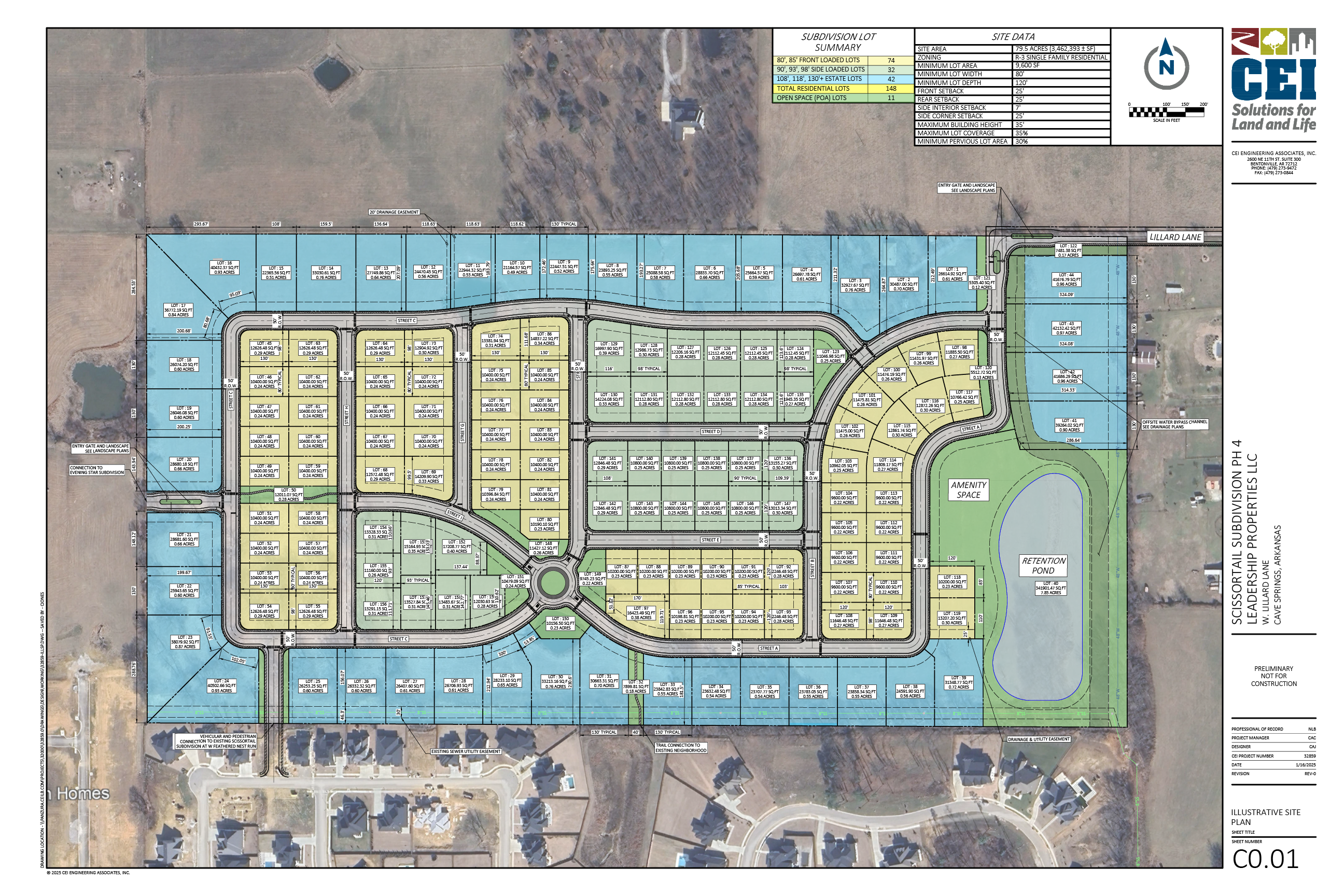 Site plan of the Summit neighborhood in Scissortail community, featuring lot layout, amenities, and retention pond, promoting lot reservations for new estate homes in Northwest Arkansas.